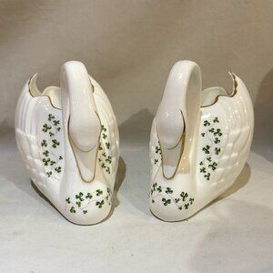 2 Royal Tara Bone China Swan Planter Shamrocks Gold Trim Handmade Galway Ireland